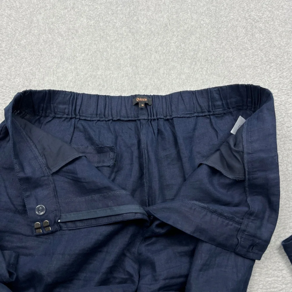 Quince Pleated Trouser Womens 16 Navy 100%  European Linen Wide Leg Elastic Back